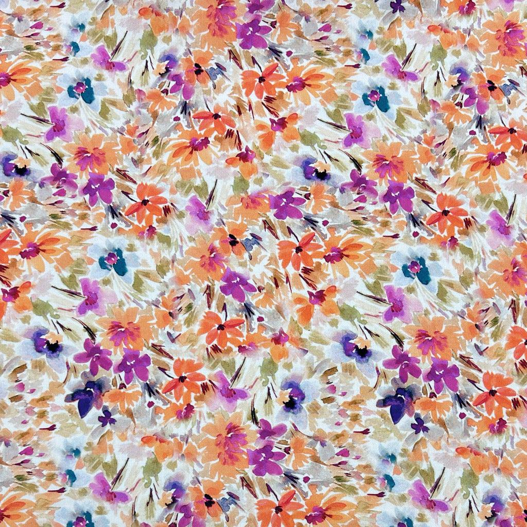 Orange and Purple Meadow Viscose Challis Fabric