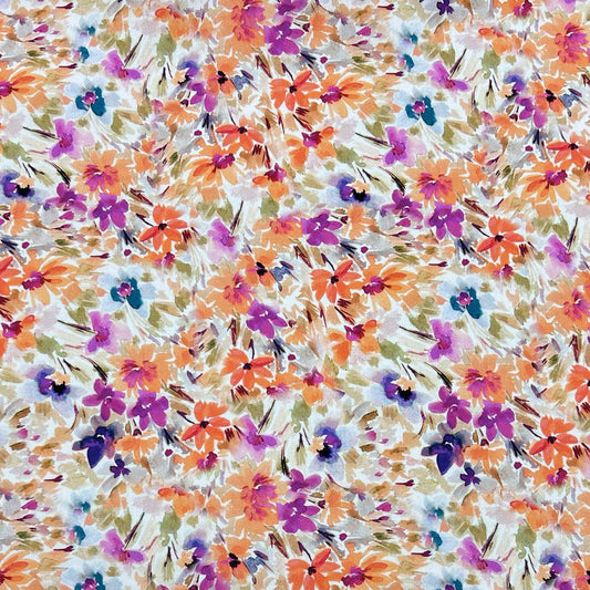 Orange and Purple Meadow Viscose Challis Fabric